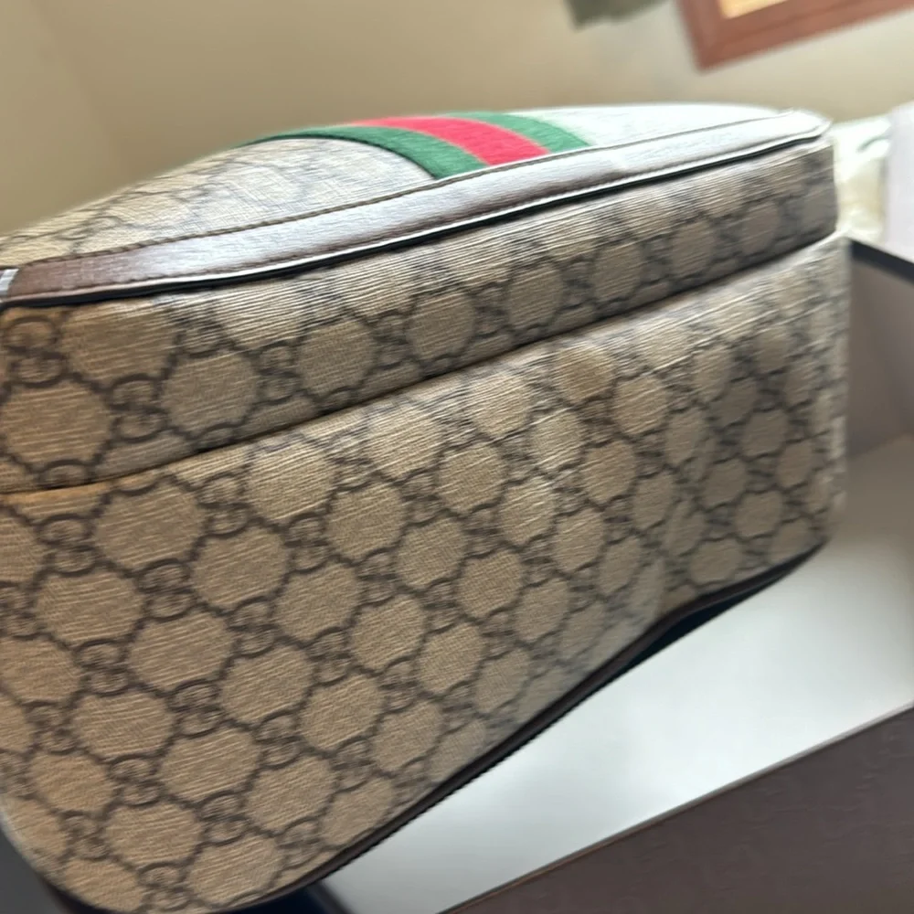 Gucci Beige GG Canvas Backpack with Brown Leather and Red/Green Web